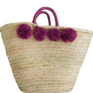 Brand New handmade straw Purple Pom Pom beach bag